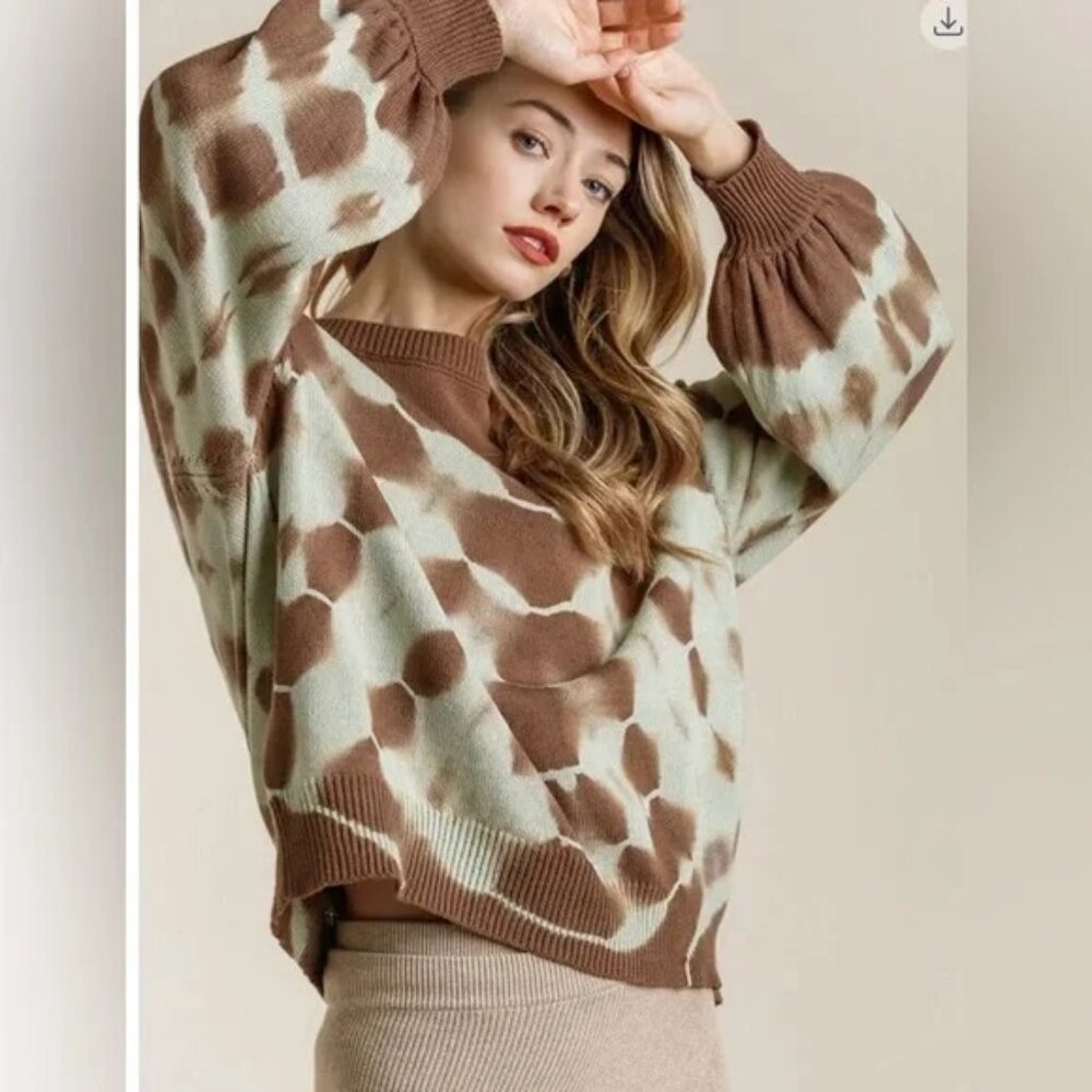 Umgee Mint Green and Brown Abstract Bubble Crewneck Sweater